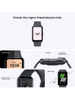 Detalle del diseño lateral de la Smartband Samsung Galaxy Fit3 Grafito con correa ergonómica